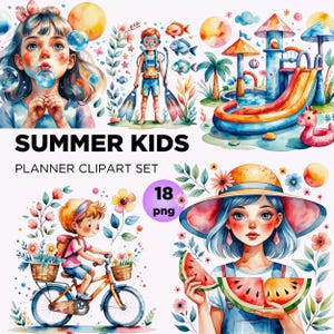 Pacote de clipart infantil de verão, arte tropical em aquarela PNG para festas na piscina infantil, vibrações de praia PNG e decorações de férias, download instantâneo