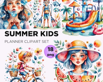 Paquete de imágenes prediseñadas de verano para niños: Día de playa en acuarela PNG (descarga instantánea)