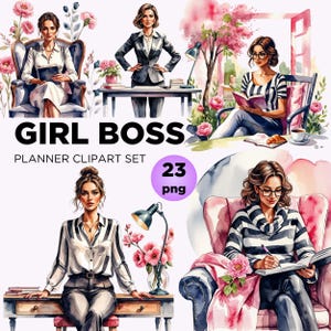 Girl Boss Clipart, Watercolor European Woman Boss Png, Boss Babe Office Clipart, Pink & Black Boss Lady Png, Planner girl Png,Girl Power Png