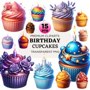 Cute Birthday Cupcakes Collection Clipart, 15 PNG Birthday Clipart, Birthday Cupcake PNG, Birthday Party Clipart, Commercial Use, Cup Cake