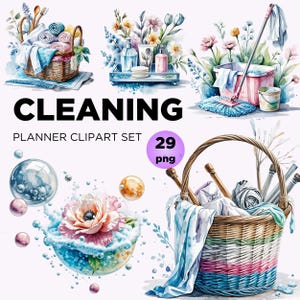 Cleaning Clipart Bundle, Watercolor House Cleaning Tools Laundry,Soap PNG for Craft Planner Sticker, Organizing Design PNG, Housekeeping PNG