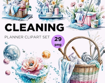 Watercolor Cleaning Clipart Bundle: Housework PNG Set (Digital Download)