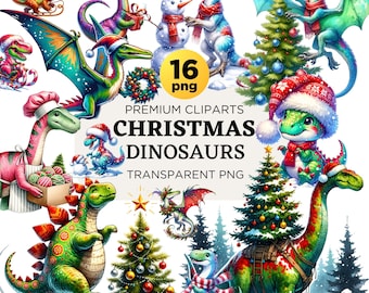 May include: A set of 16 digital clipart images featuring Christmas dinosaurs. The dinosaurs are wearing Santa hats, holding ornaments, and decorating Christmas trees. The images are in PNG format and have transparent backgrounds.