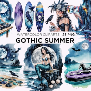 Könnte beinhalten: Aquarell-Cliparts-Set mit einem Gothic-Sommer-Thema. Das Bild zeigt Illustrationen von Meerjungfrauen, Surfbrettern, einem DJ, einem Skelett und einem Raben. Der Text "GOTHIC SUMMER" wird fett dargestellt. Die Farbpalette umfasst Blau-, Lila- und Schwarztöne.