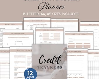 May include: A set of 12 printable credit tracker pages in a light brown and white color scheme. The pages include sections for monthly budget, credit score goals, debt snowball, debt repayments, payoff debt, credit card tracker, and credit score tracker. The text "Credit Trackers" is written in a large, cursive font.