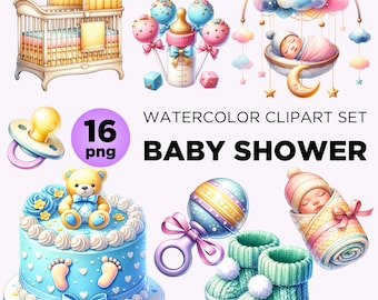 Baby Shower Clipart: Watercolor Baby Portraits, Toys (PNG Digital Download)