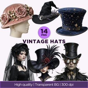 Puede incluir: Una colección de 14 sombreros vintage en formato PNG que incluye un sombrero cloche rosa empolvado con rosas y perlas, un sombrero de bruja negro con luna, un sombrero de copa azul marino celestial, un velo negro, un sombrero de ala ancha con plumas y un sombrero de copa con gafas.