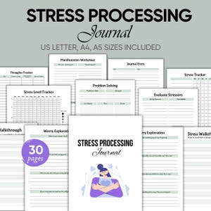 May include: A white journal titled "STRESS PROCESSING Journal" with a purple and blue illustration of a person hugging themself. The journal includes worksheets for stress management, with the text "US LETTER, A4, A5 SIZES INCLUDED".