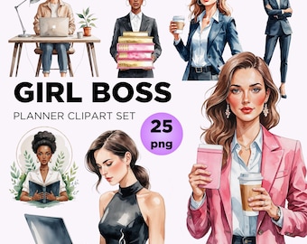 Watercolor Girl Boss Clipart Bundle: Fashion Planner Stickers (PNG)