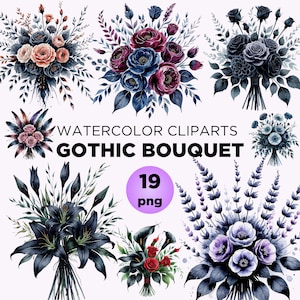 Gothic Black Rose Bouquet Clipart: Watercolor Halloween Floral (Digital Download)