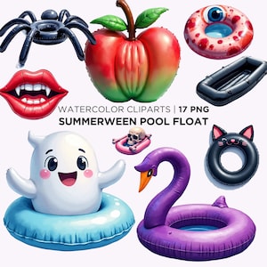 Summerween Pool Float Clipart Bundle, Halloween Ghost Flamingo Skeleton PNGs (Digital Download)