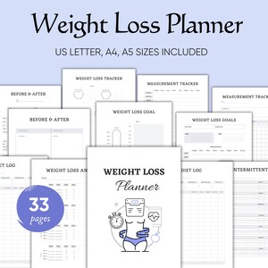 Gewichtsverliesplanner, Gewichtsverliestracker, Fitnessplanner, Gewichtsverliesdagboek, Trainingsplanner, Maaltijdgrafiek, watertracker, Stappentracker pdf