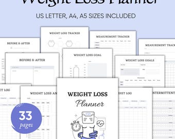 Weight Loss Planner: Tracker, Journal, Meal Chart (PDF Download)