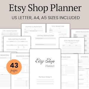 Puede incluir: Un planificador de Etsy Shop con el texto "Etsy Shop Planner" y "US LETTER, A4, A5 SIZES INCLUDED". El planificador incluye páginas para el seguimiento de pedidos, lluvia de ideas de listados, etiquetas de productos y más. El planificador tiene 43 páginas.