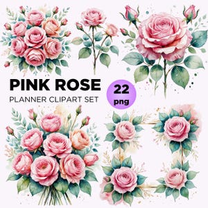 Pink Rose Wedding Clipart Bundle, Watercolor Blush Dusty Rose PNG for Invitation, Floral Border Bridal Bouquet Design PNG for Wedding Decor