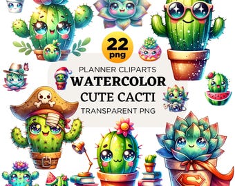 Kawaii Cactus Clipart, Succulent PNG, Planner Graphics (Digital Download)