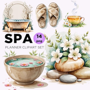 Bundle de cliparts spa, lavande aquarelle & soins de la peau art PNG pour l'artisanat, éléments de massage design détente confortable, décoration de détente de journée de spa PNG