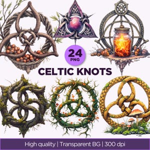 Könnte beinhalten: Eine digitale Sammlung von 24 keltischen Knoten-Illustrationen mit verschiedenen Designs, darunter geflochtene Zweige, eine leuchtende Kugel, ein Glas mit Feuer, bemoostes Holz, Herbstlaub und goldene geflochtene Ringe mit Pilzen, beschriftet 24 PNG CELTIC KNOTS.