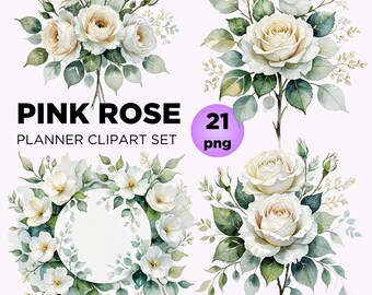 Watercolor White Rose Clipart Set: Floral Wedding PNG (Digital Download)