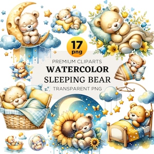 Watercolor Sleeping Teddy Bears Collection Clipart, 17 PNG Cute Teddy Bear On The Moon Clipart for Planner and Craft Design, Commercial Use