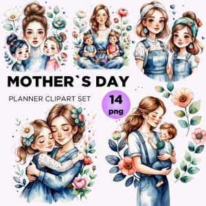 Muttertag Clipart-Bundle für die Kartenherstellung Sublimation, Aquarell Mutter und Kind Clipart, Mutter Tag Design T-Shirt, niedliches Geschenk für Mutter PNG
