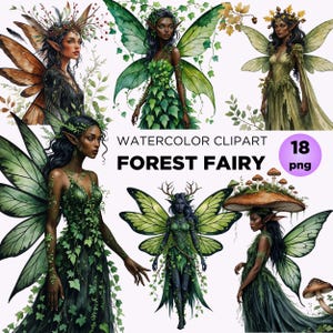 Conjunto de clipart de fada da floresta para artesanato de scrapbook de sublimação, clipart de fada negra mágica, clipart de cogumelo da natureza em aquarela, fada negra fofa png