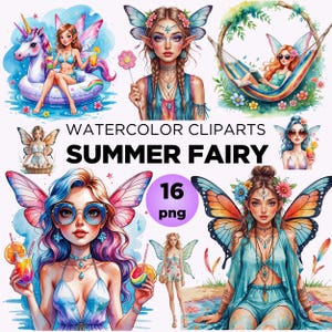 Sommer Schmetterling Fee Clipart Pack, Aquarell Fee Mädchen Flügel Fantasie PNG für Junk Journal, Kinderzimmer druckbare Dekor, digitale Doanload PNG