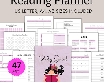 Può includere: Un diario di lettura stampabile con uno schema di colori rosa e bianco. La copertina presenta una ragazza che legge un libro con il testo "Reading Journal 2025". Il diario include pagine per tenere traccia dei libri letti, degli autori preferiti, della pianificazione settimanale e di un tracker mensile dei libri.