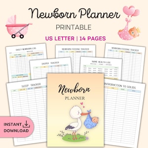 Planejador de recém-nascido | Rastreador de bebê para impressão | Sono, alimentação | Registro de saúde | Presente para nova mamãe | Kit de planejamento para recém-nascido | Download digital | Carta dos EUA