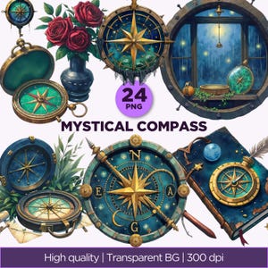 May include: A collection of digital illustrations featuring mystical compasses, red roses in a vase, a circular window view, and an old book. The text reads 24 PNG MYSTICAL COMPASS High quality Transparent BG 300 dpi. The compasses feature gold needles.