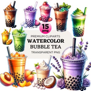 Watercolor Bubble Tea Clipart: 15 PNG Boba Tea Illustrations (Commercial Use)