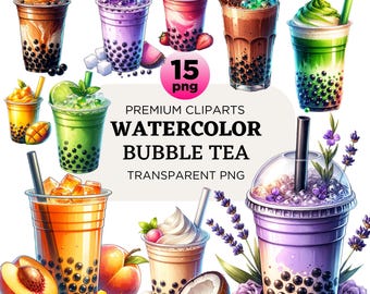Watercolor Bubble Tea Clipart: 15 PNG Boba Tea Illustrations (Commercial Use)