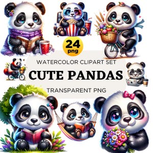 Watercolor Reading Panda Clipart, Cute Baby Panda Png, Panda Illustartions, Baby Panda PNG for Craft&Planners, Transparent, Commercial use