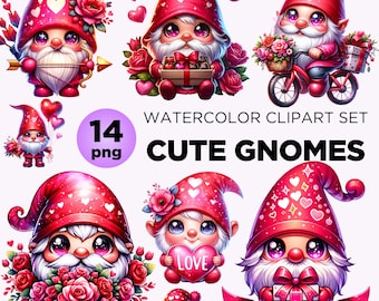 May include: A digital collection of 14 watercolor gnome illustrations featuring red hats with white hearts, roses, gift boxes, bicycles, and bows. The text reads WATERCOLOR CLIPART SET 14 png CUTE GNOMES and BE MINE on a banner with heart accents.