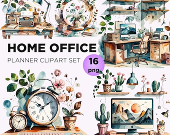 Watercolor Home Office Clipart Bundle: Desk Decor PNG (Digital Download)