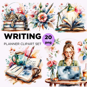 Watercolor Writer Clipart Bundle: Typewriters, Books, Desks (PNG)
