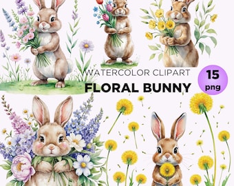 Floral Bunny Clipart Set: Spring Flowers, Scrapbook Graphics (PNG)