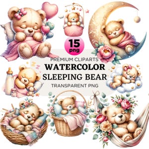Watercolor Sleeping Teddy Bears Collection Clipart, 15 PNG Cute Teddy Bear On The Moon Clipart for Planner and Craft Design, Commercial Use