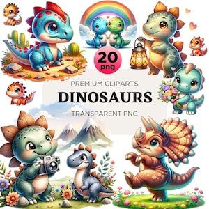 20 Dino Clipart, Cute Baby Dinosaur Clipart Set PNG,Triceratops Clipart, T-Rex Dino Clipart Bundle,Birthday Party Decor Dinosaur Baby shower