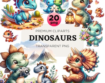 May include: A set of 20 premium clipart images featuring cute cartoon dinosaurs in various poses. The dinosaurs are colorful and have friendly expressions. The images are transparent PNG files, perfect for adding a fun and whimsical touch to your projects.