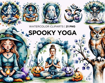 Clipart de yoga de Halloween, posturas de esqueleto espeluznantes, descarga digital