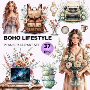 Bundle de cliparts réaliste bohème pour scrapbooking, aquarelle vintage beige ensemble de planification, éléments de fleur de fille bohème impression d'Art PNG