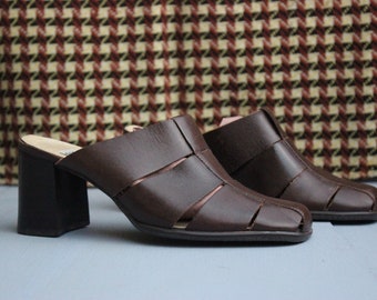6 | Deadstock Brown Leather Mule Sandals | Vintage Square Toe Square Heel Woven Heels Womens Slip On Mule Boots 6B