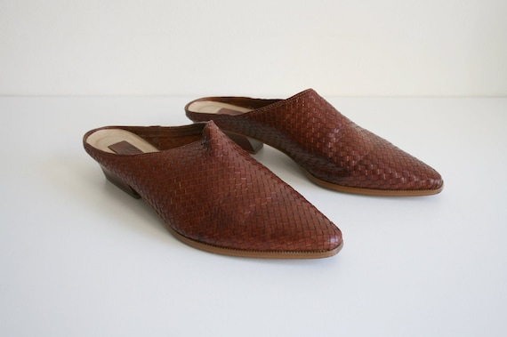 11 | Vintage Woven Mules | Brown Leather Wooden He