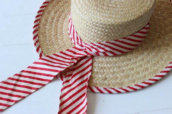 Vintage Classic Straw Boater Hat with red and whi… - image 4
