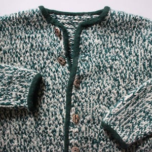 Vintage Hand Knit Wool Green and White Salt and Pepper Sweater With Wooden Treebark Buttons Womens M - L