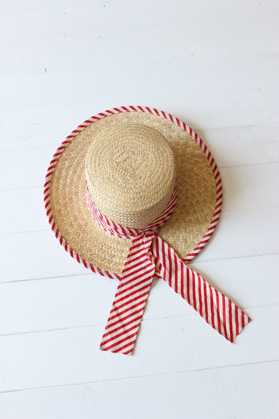Vintage Classic Straw Boater Hat with red and whi… - image 1