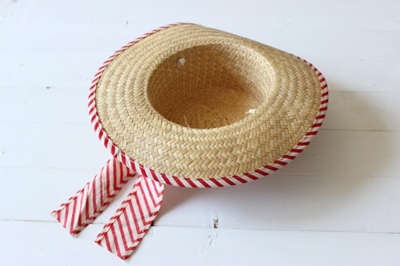 Vintage Classic Straw Boater Hat with red and whi… - image 3