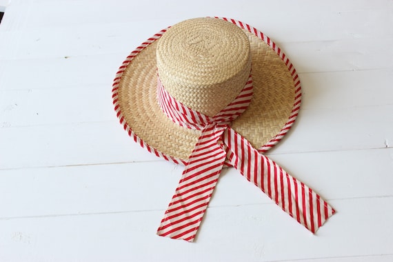 Vintage Classic Straw Boater Hat with red and whi… - image 2