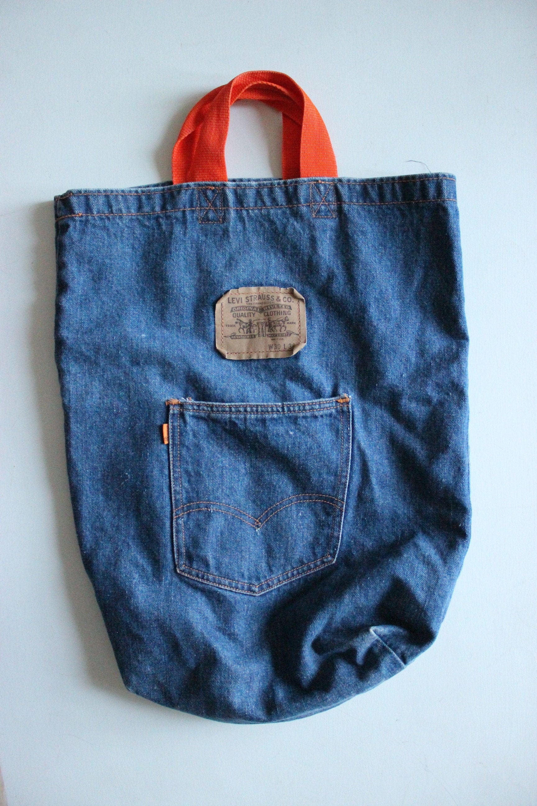 Levis Back Pocket Orange Tab Denim Tote Bag Catch All Gym Bag Repurposed  Jeans